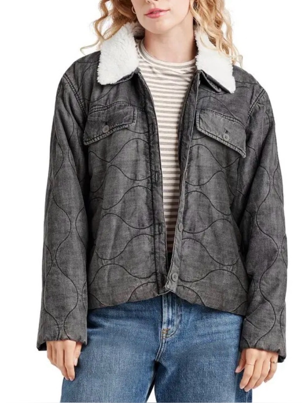 Splendid Gray Quilted Shirt Jacket with White Faux-Sherpa Collar